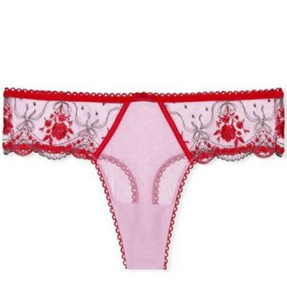 Victorias Secret Very Sexy Rose and Bows Embroidered Sheer Mesh Thong Panty - Picture 1 of 5